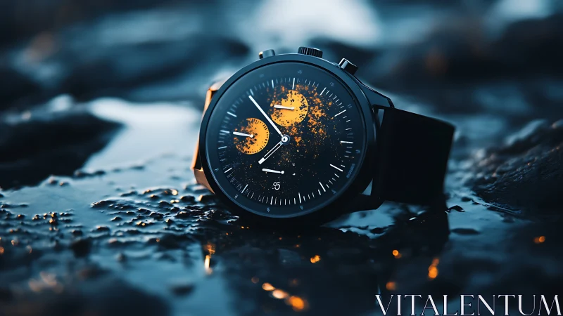 Black wristwatch with abstract dial on wet reflective surface.