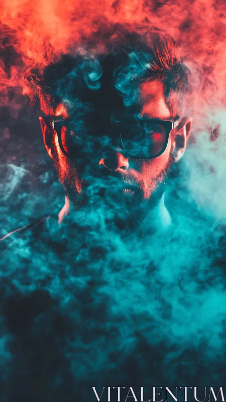 Neon smoke devours a shadowed face in split electric light