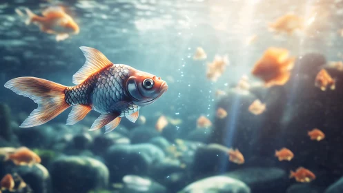 Goldfish swimming underwater in soft light with shoal.