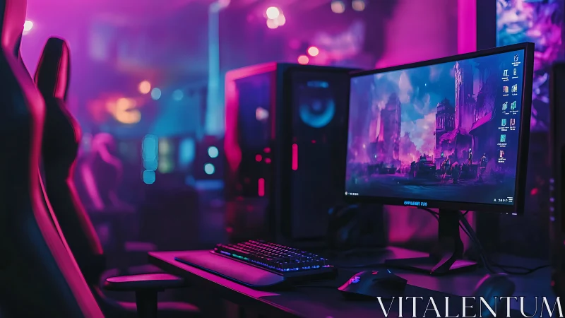 Neon-illuminated esports workstation with ultrawide monitor.