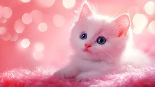 Enchanting White Kitten in Soft Pink Dreamscape.
