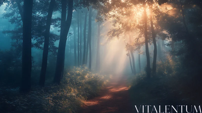 Forest path with golden sunrise light streaming through tall trees