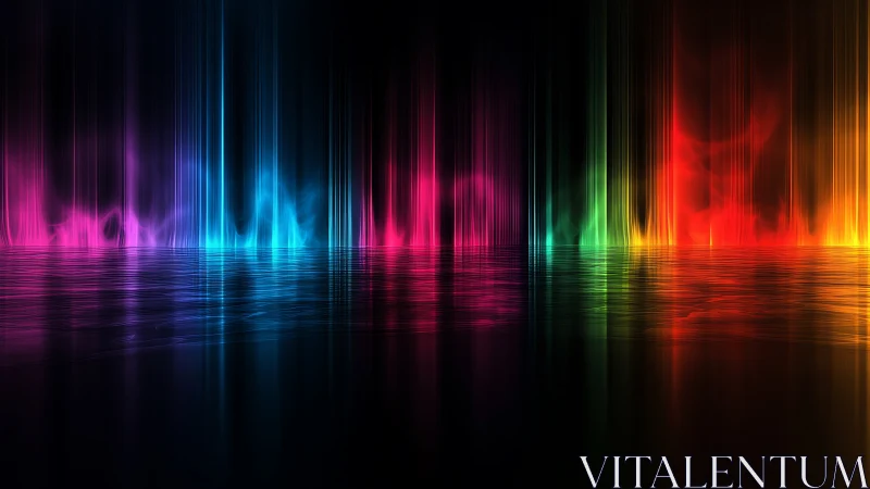 Vertical spectrum light reflections over dark water surface.