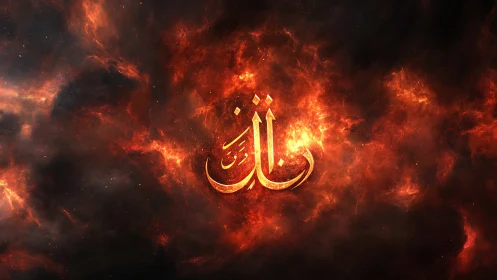Arabic calligraphy ignites within cosmic inferno clouds.