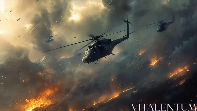 Combat helicopters pierce volcanic storm with cinematic lighting.