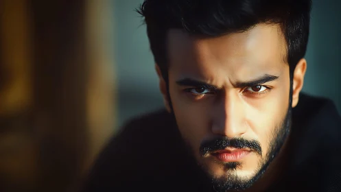 Intense closeup of serious bearded man in moody light.