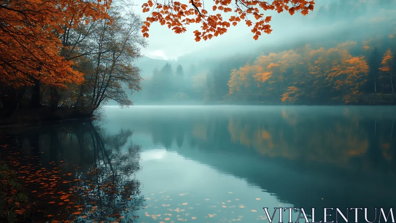 Foggy lakeside forest with autumn foliage reflected on water.