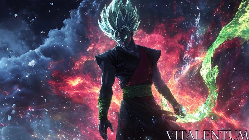 Celestial warrior ignites cosmic storm with neon energy.