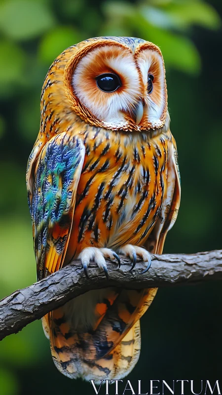 Jewel-feathered owl perches like living autumn fire.