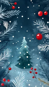 Centered stylized fir tree is surrounded by winter foliage