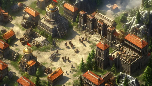 Isometric medieval cityscape with high-poly rendering and soft shadows