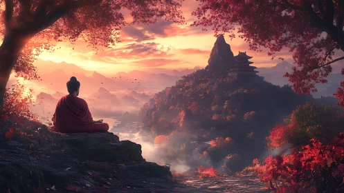 Meditating monk overlooking autumn mountain temple at dawn.