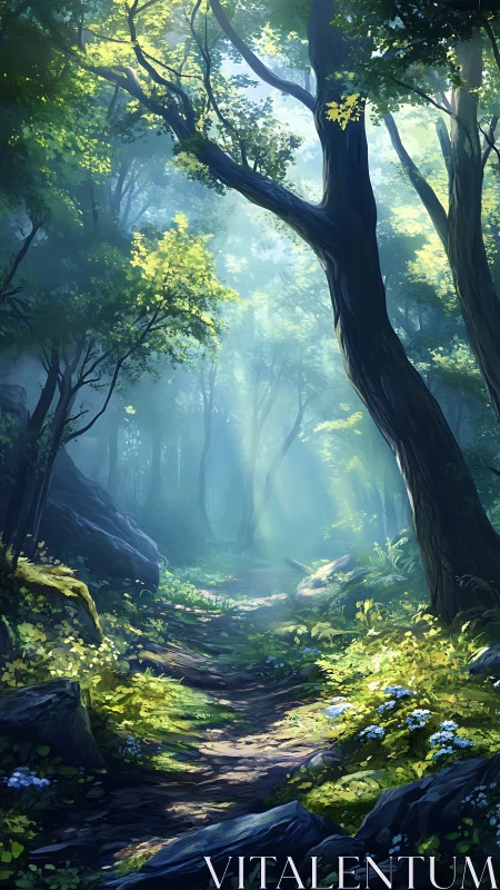 Luminescent Forest Path: Atmospheric Woodland Through Ancient Curved Trees