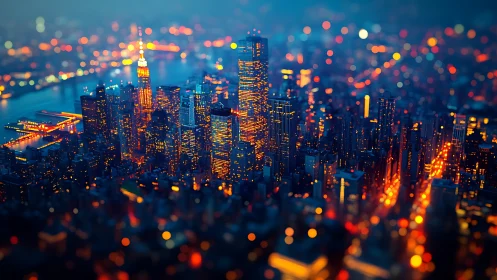 Tilt shift nocturnal megacity skyline with dense bokeh lighting