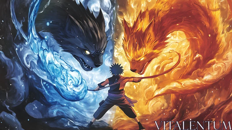 Elemental fox duel with bipedal summoner in dynamic standoff.