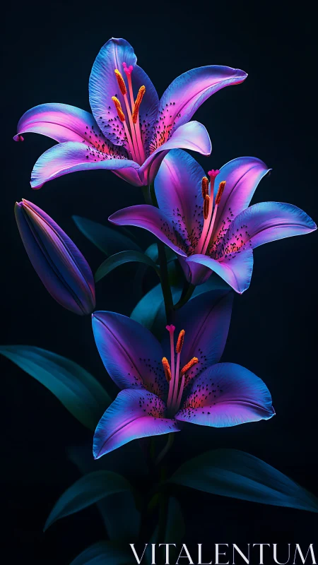 Neon Lilies Glowing in Darkness.