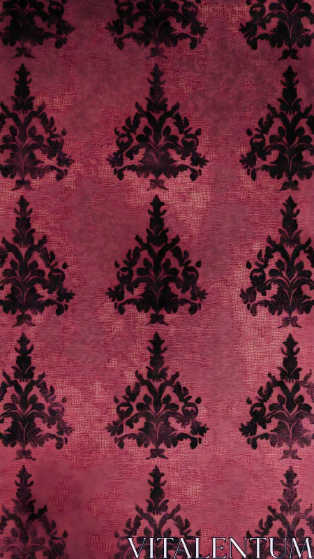 Vintage burgundy damask wallpaper with black baroque flocking