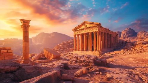 Sunlit classical temple ruins in desert rock landscape.
