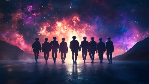 Silhouetted group walking under vivid cosmic night sky.