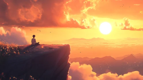 Sunset meditation above the clouds on a glowing cliff edge.
