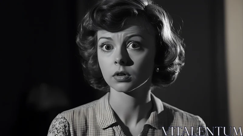 Vintage startled gaze in soft noir-style close-up portrait.