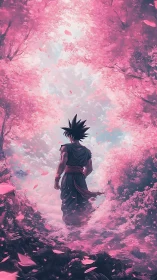 Solitary warrior beneath luminous cherry blossom canopy.