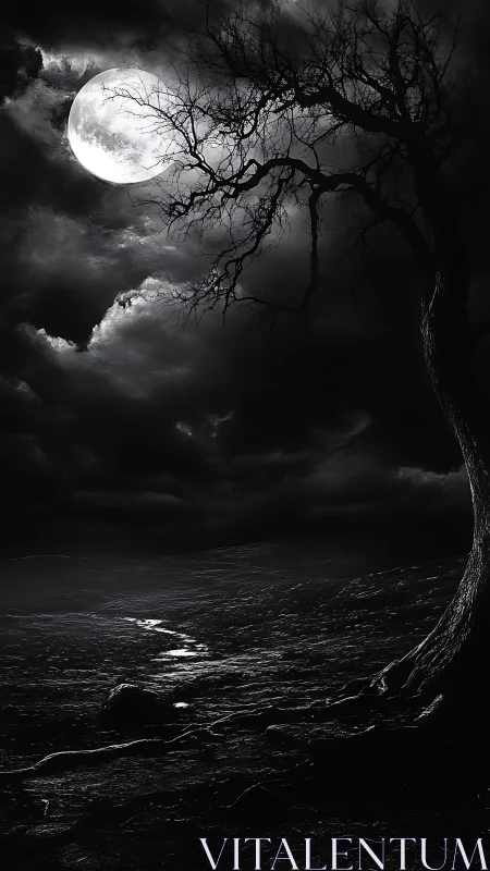 Dead tree silhouette under full moon above rocky plain