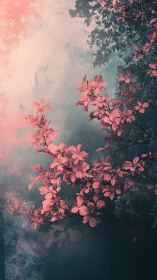 Coral Blossoms Against Weathered Teal Ground.