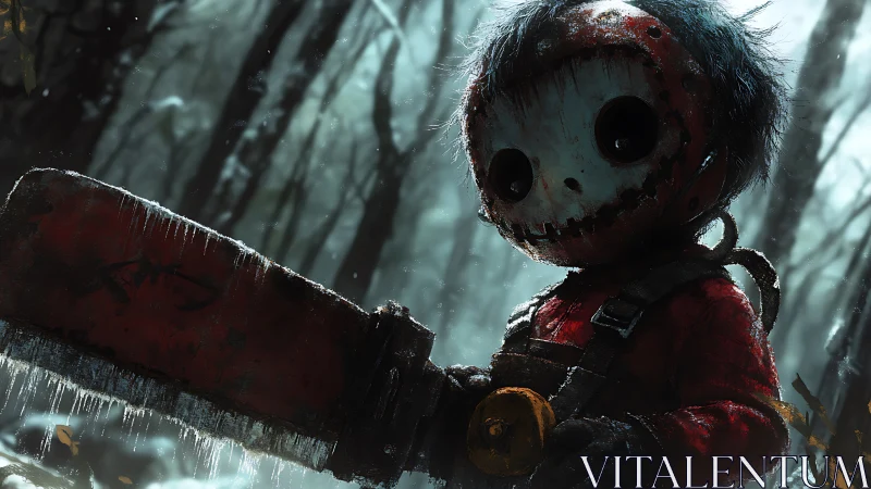 Chainsaw doll in frozen forest, sinister horror character.