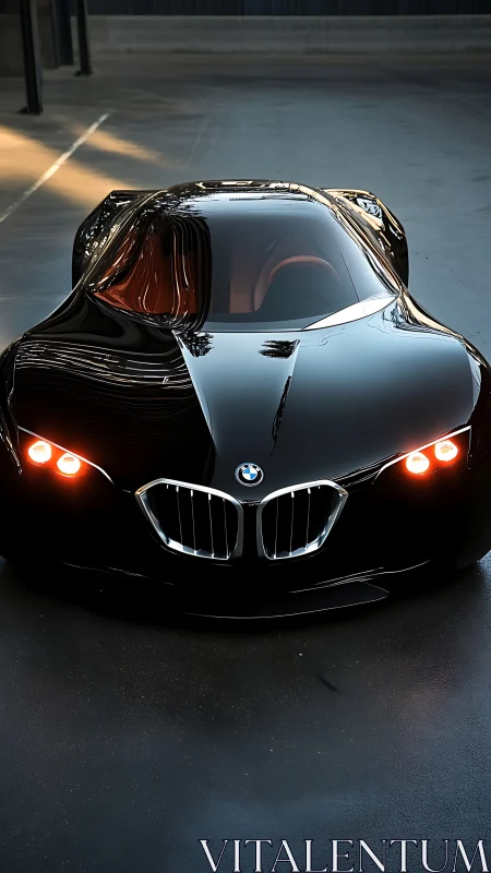 Low-angle render of glossy black BMW concept hypercar in shadow