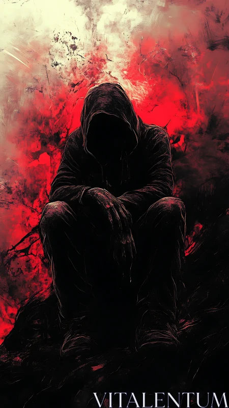 Hooded figure silhouette before abstract red background.