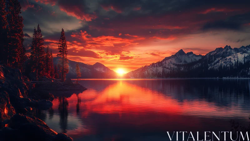 Mountain lake sunset with vivid red reflections on water.