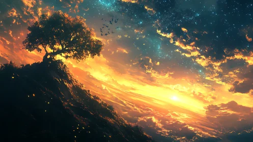 Lone hillside tree overlooks bright sunset and starfield sky