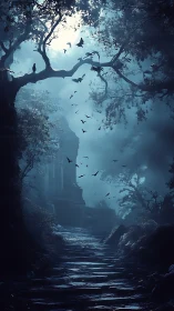 Moonlit stone path through dense foggy forest at night.