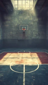 Lonely indoor hoop drinks sunlight on a forgotten court