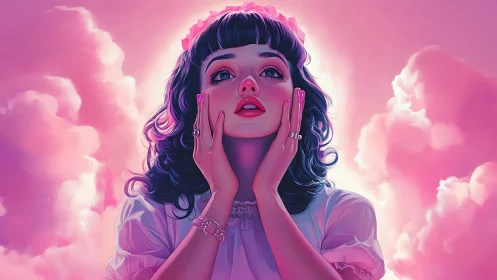 Dreamy pastel portrait of young woman in pink clouds.