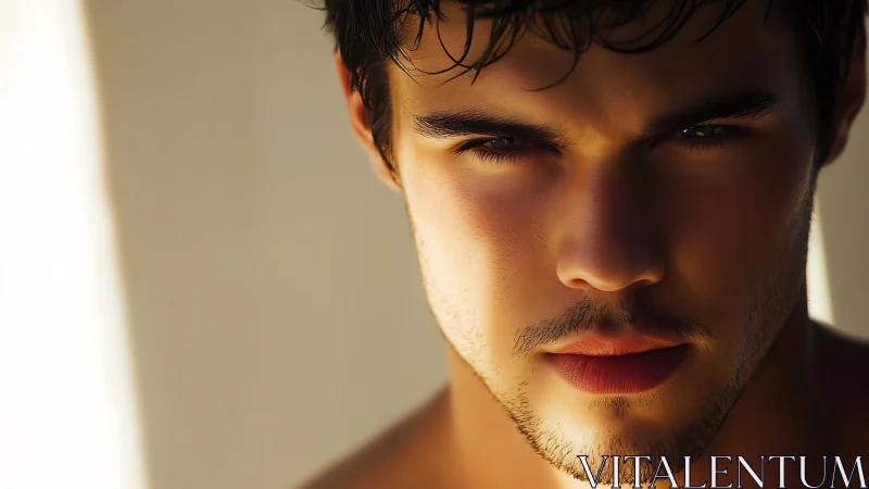 Close portrait of intense young man in warm sunlight.