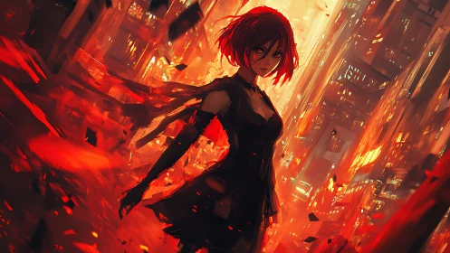 Red haired warrior stands amid burning cyberpunk cityscape