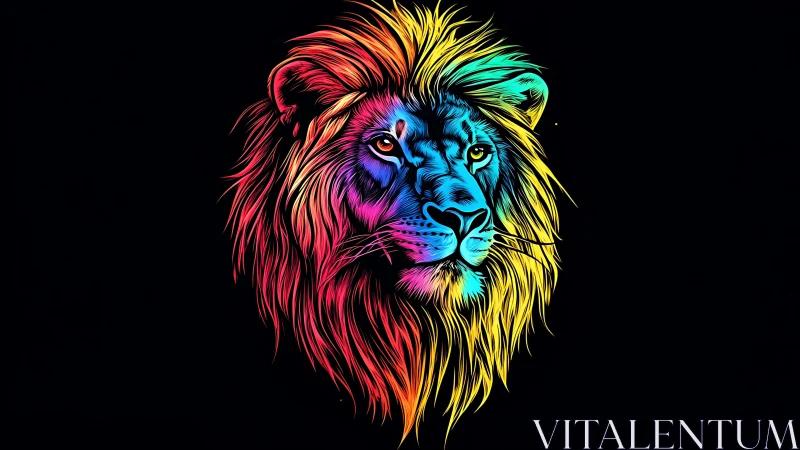 Neon lion portrait with vibrant multicolor flowing mane.
