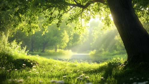 Sunlit forest river welcomes quiet moments of gentle peace