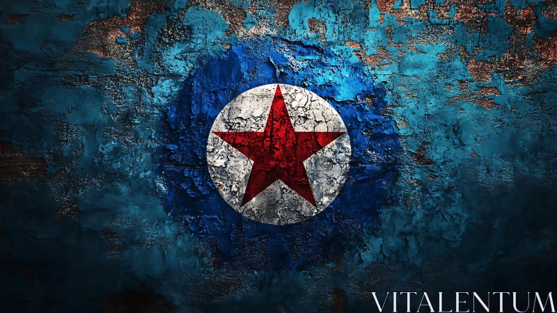 Weathered red star on textured blue cosmic backdrop.