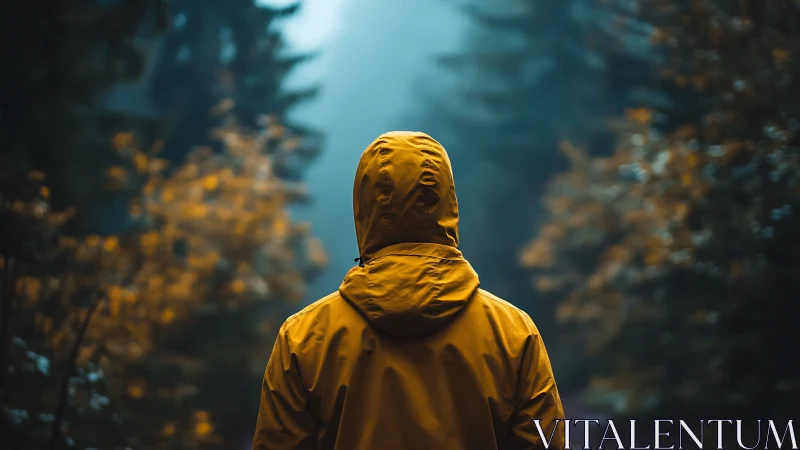 Solitary wanderer in amber raincoat beneath misty pines.