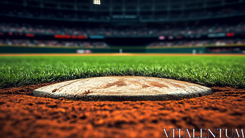 Baseball home plate rests in sharp focus on sunlit infield