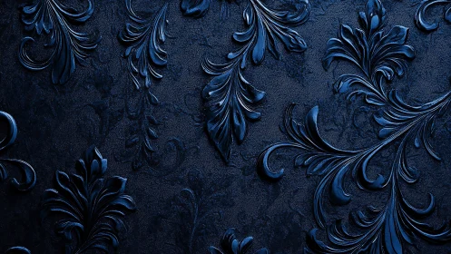 Ornate navy foliage swirls sculpted on textured leather.