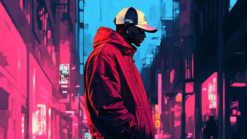 Neon-soaked alley cradles a lost thinker in crimson silence