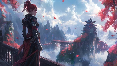 Warrior’s quiet watch over a misty crimson mountain temple.