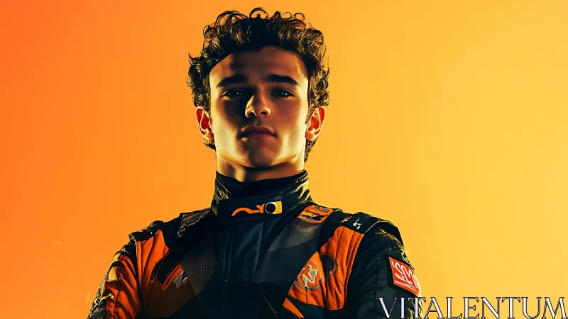 Portrait shows racing driver in suit against orange gradient