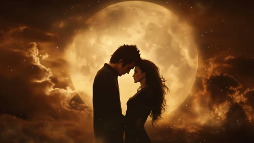 Silhouetted Couple Beneath Golden Moon.