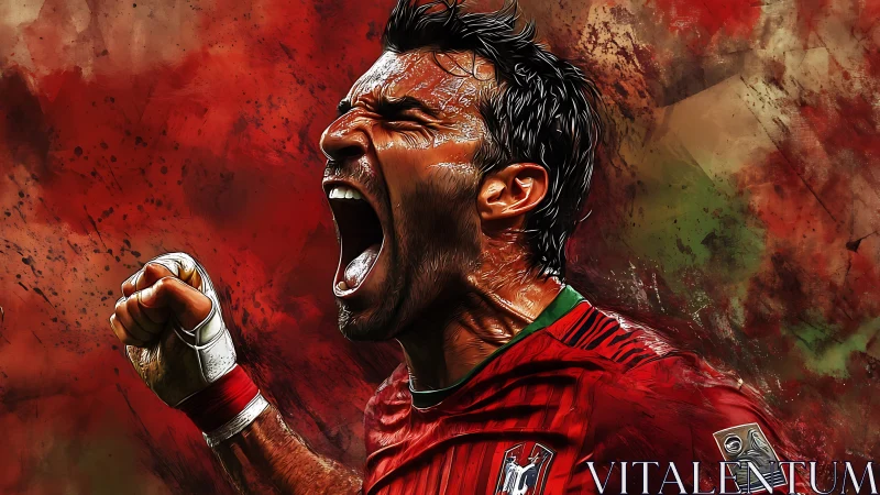 Triumphant soccer hero roaring with pure victory joy.