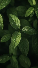 Dew-kissed green leaves glow softly against dark foliage.